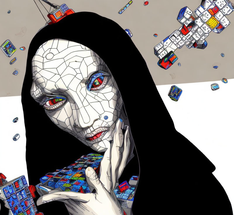 Colorful Rubik's Cubes Surround Monochrome Spider Web Face Art