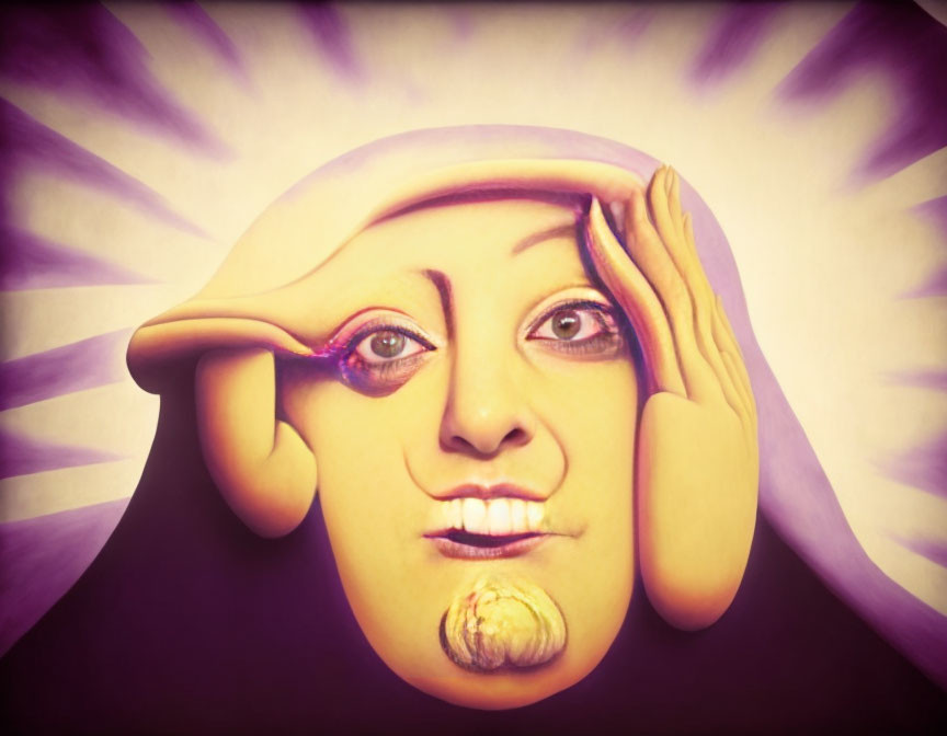 Surreal face with elongated eyes and hand on purple radial background