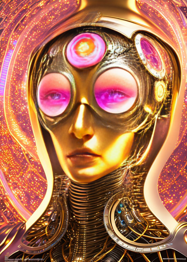 Cybernetic humanoid portrait with pink eyepieces and metallic neck armor