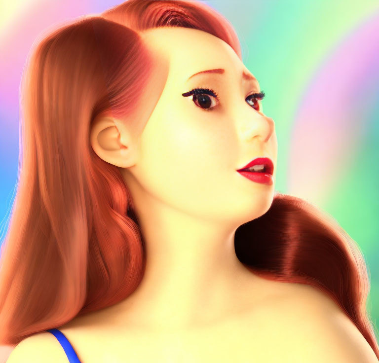 Red-haired woman in side profile on pastel background with bold eyelashes and red lips.