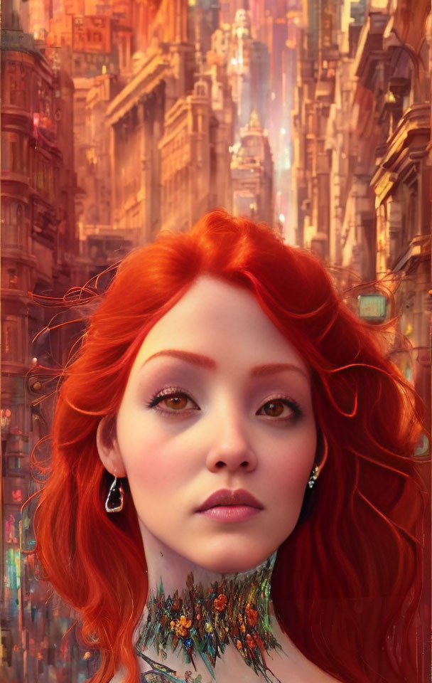 Vibrant red hair woman in digital art against futuristic cityscape