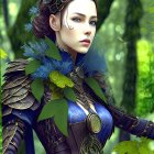 Medieval armor-clad woman in forest setting.