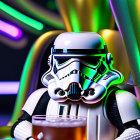 Stylized Stormtrooper sips drink in neon-lit bar