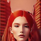 Vibrant red hair woman in digital art against futuristic cityscape