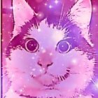 Colorful digital art: Fluffy purple cat with blue eyes in whimsical pink setting