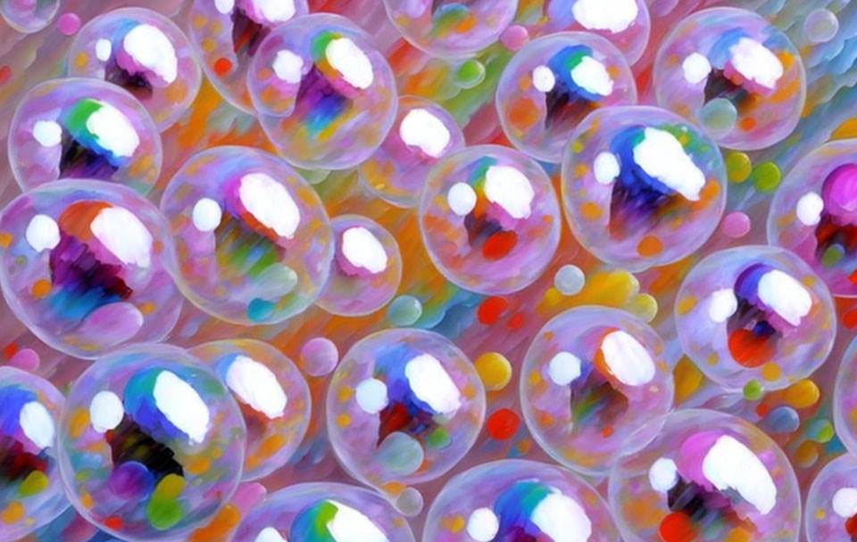 Vibrant Cluster of Translucent Soap Bubbles Reflecting Light