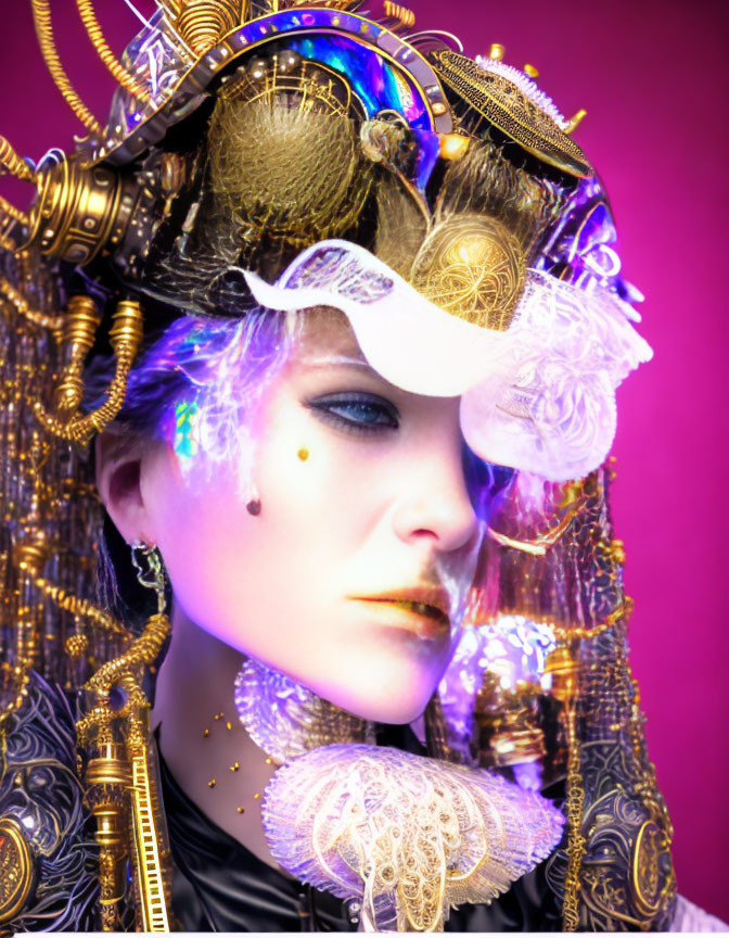 Intricate steampunk-style headdress with gold details on pink background