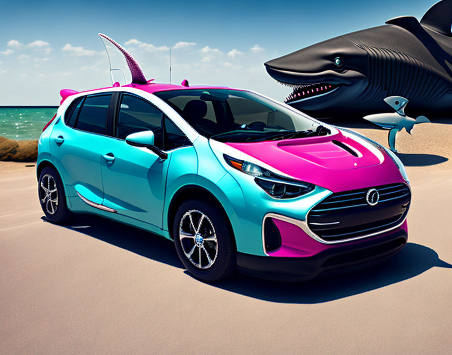 Colorful Car with Pink and Blue Gradient Design on Beach with Inflatable Sharks