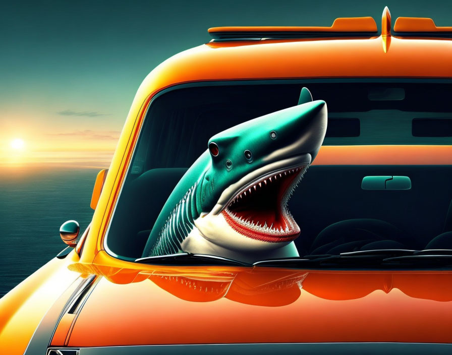 Surprised shark in orange car against sunset