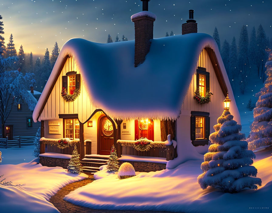Snow-covered cottage with festive decorations in winter twilight
