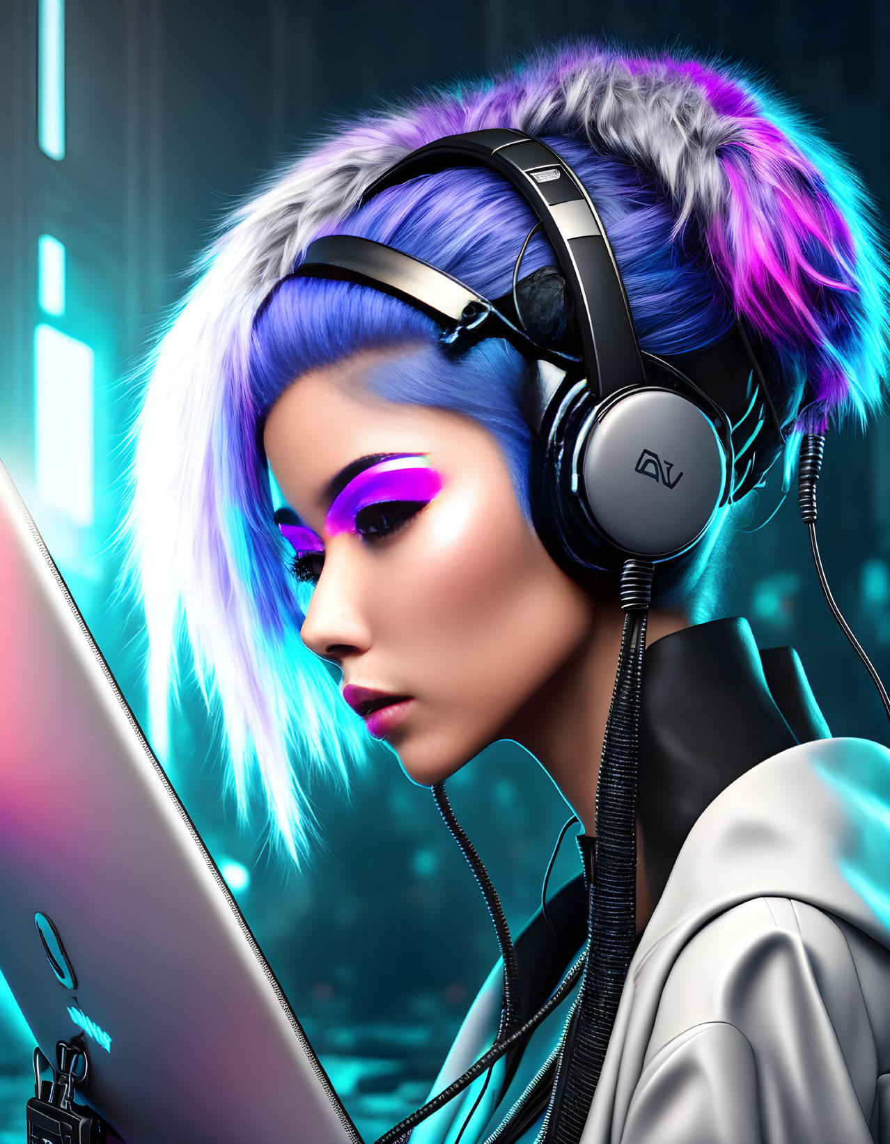 Vibrant blue hair woman with purple eye makeup in neon-lit setting