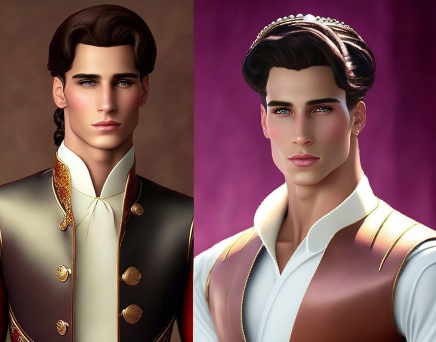 Man with styled brown hair in regal and modern outfits side by side