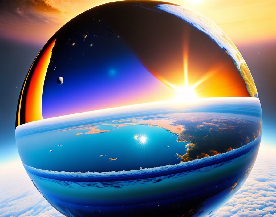 Surreal spherical Earth against sun, clouds, and space