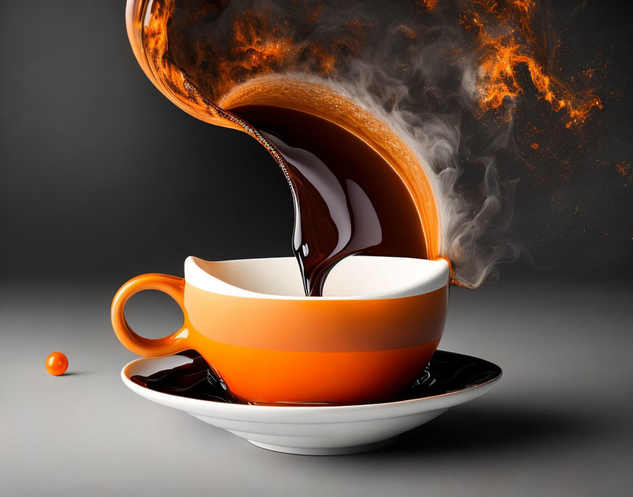 Vibrant coffee pouring into orange cup with steam swirls