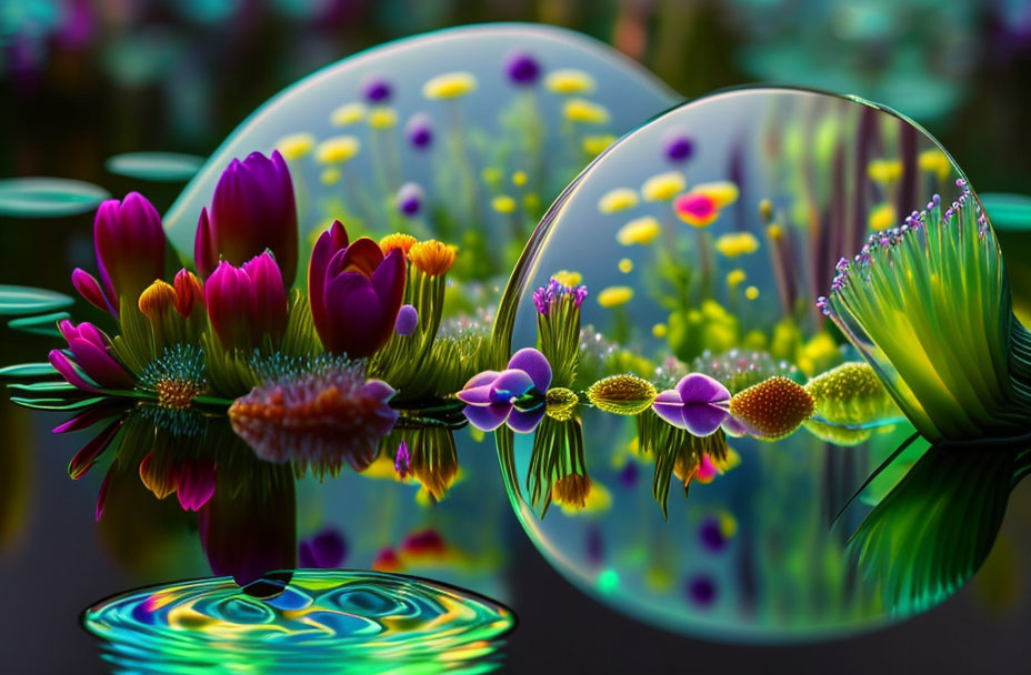 Fantastical flowers and droplets reflecting on serene water