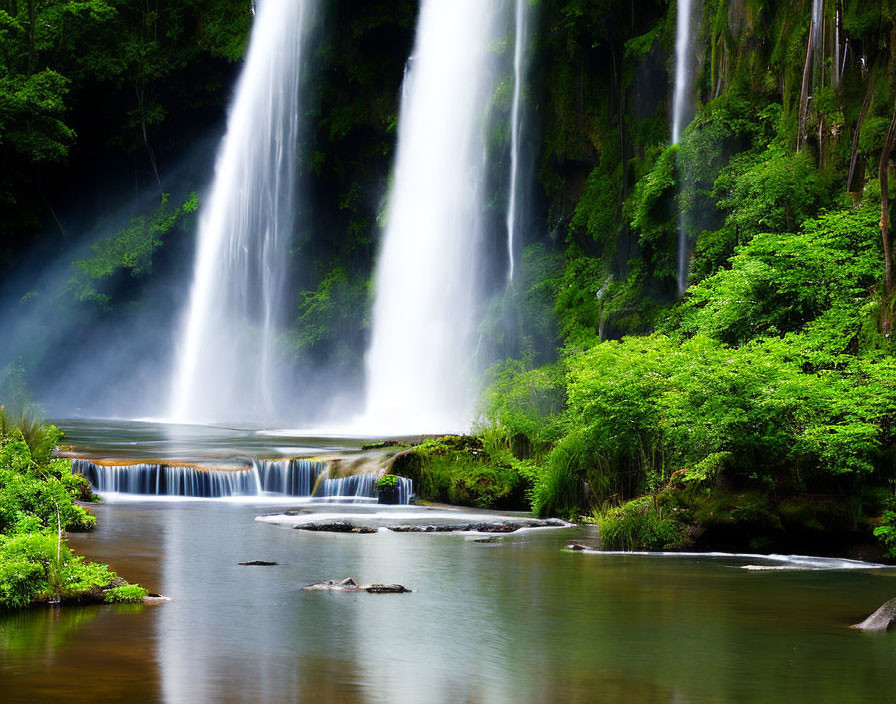 Tranquil waterfall with lush greenery and cascading tiers.