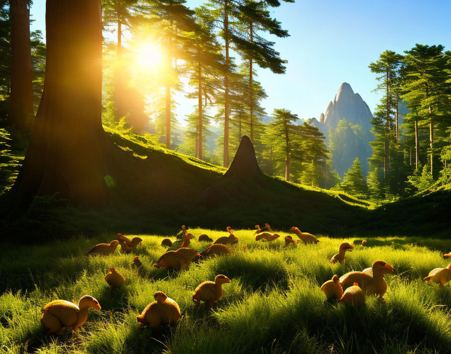 Tranquil forest glade with grazing sheep under sunlight