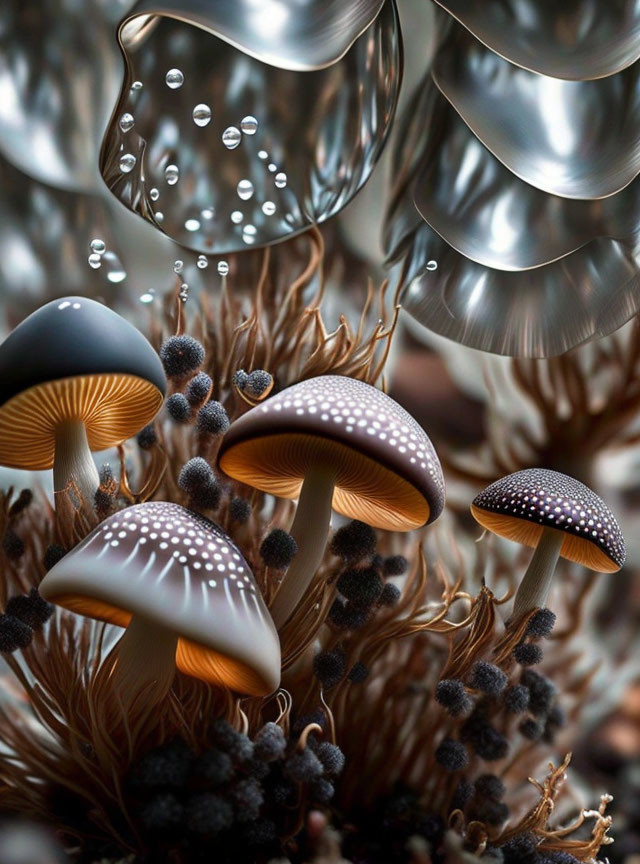 Close-Up of Luminescent Mushrooms and Water Droplets in Dark Foliage