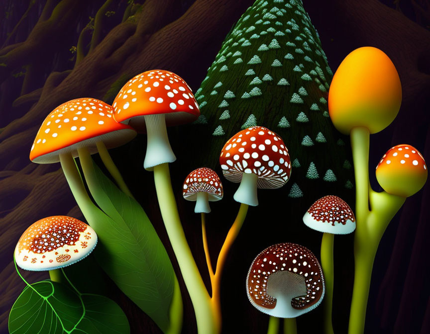 Colorful digital artwork of stylized mushrooms in dark forest landscape