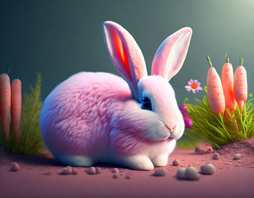 Pink fluffy rabbit with luminous ears near carrots and grass in soft light