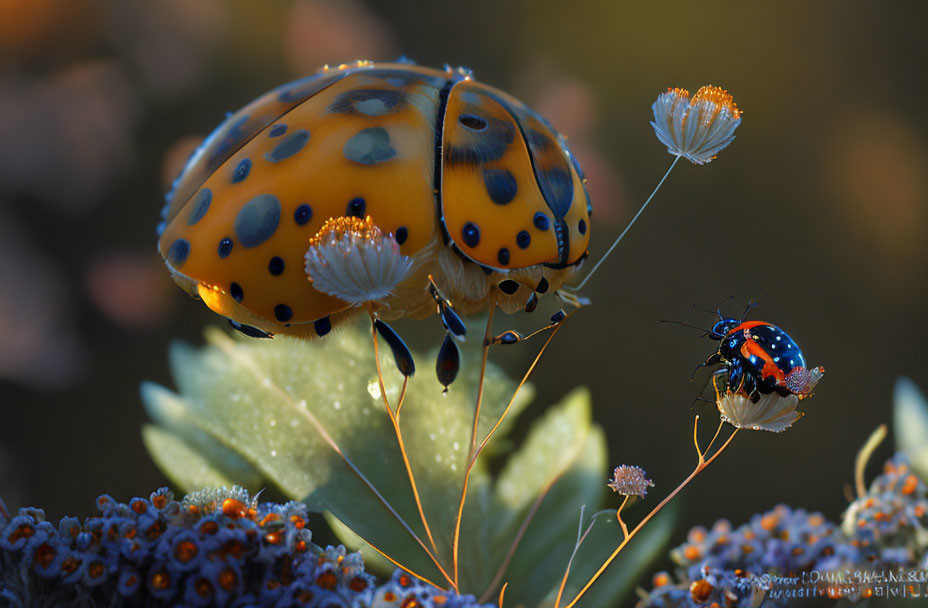 Detailed Ladybug on Leaf with Smaller Ladybug in Soft Light