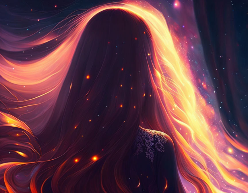 Digital art: Woman with flowing hair merging into cosmic stars and nebulae.