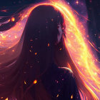 Digital art: Woman with flowing hair merging into cosmic stars and nebulae.