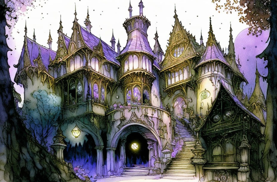 Gothic-style mansion illustration at dusk with spires and glowing windows