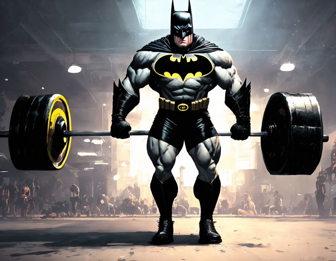 Animated Batman lifting heavy barbell in crowded gym