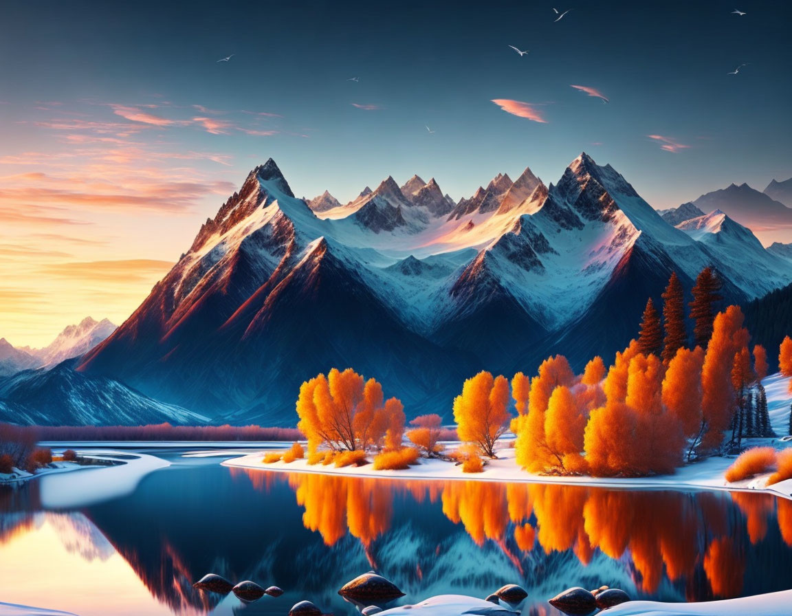 Sunset over snow-capped mountains, river, orange foliage, and birds in vibrant sky