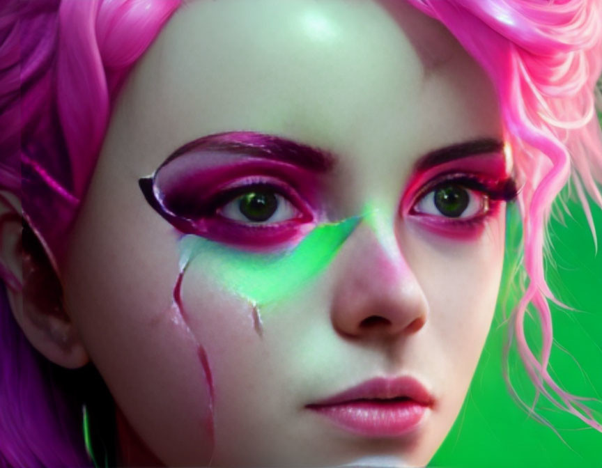 Person with Pink Hair and Purple Eye Makeup Featuring Green Streak