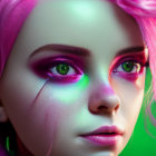 Person with Pink Hair and Purple Eye Makeup Featuring Green Streak