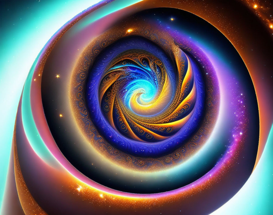 Vibrant digital artwork: swirling vortex with blue, gold, and orange fractal patterns