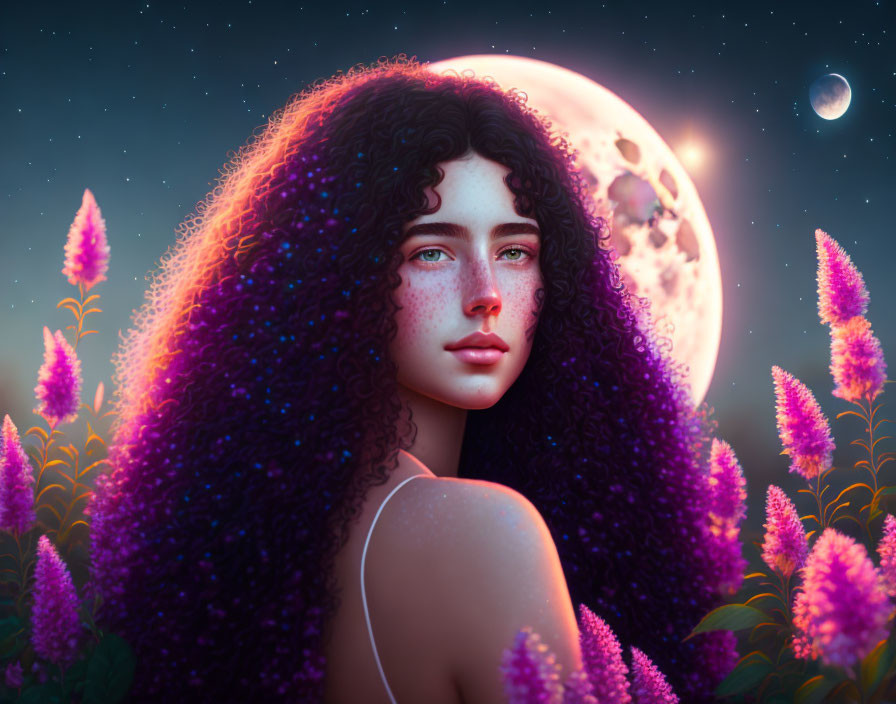 Curly-haired woman with freckles in purple flower field under moonlit sky