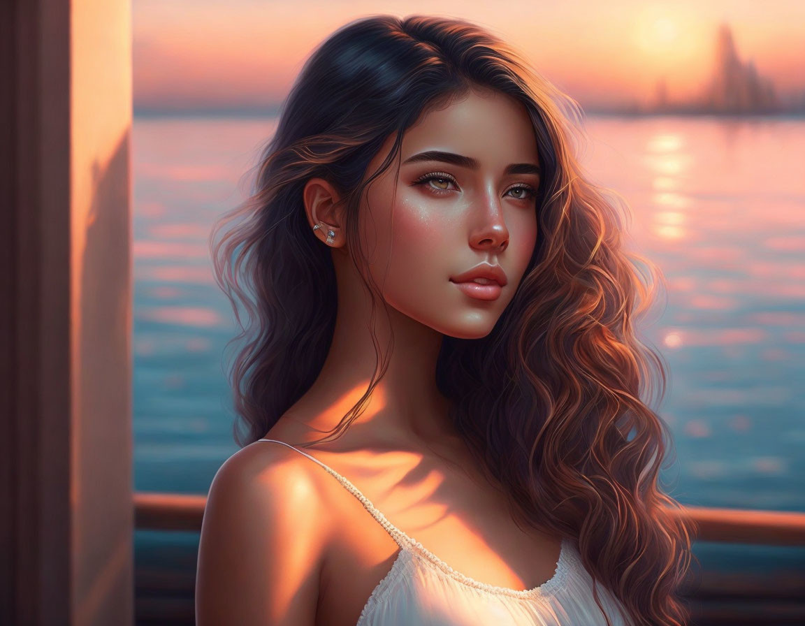 Woman with Wavy Hair Contemplating Sunset over Ocean