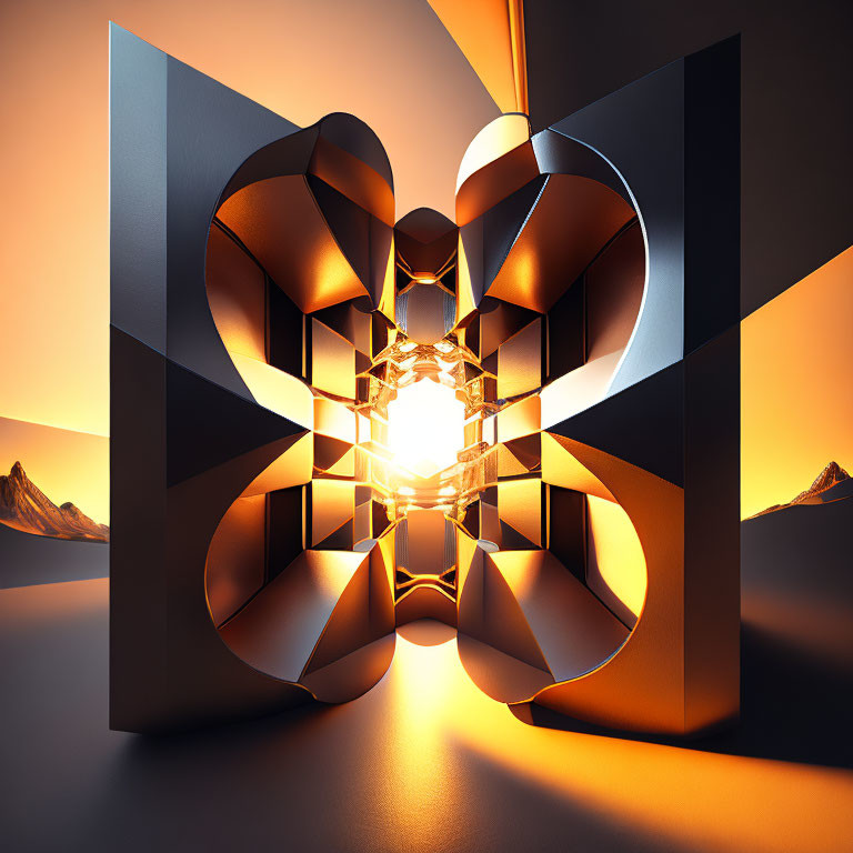 Symmetrical 3D Art: Reflective Surfaces on Orange Sunset Landscape