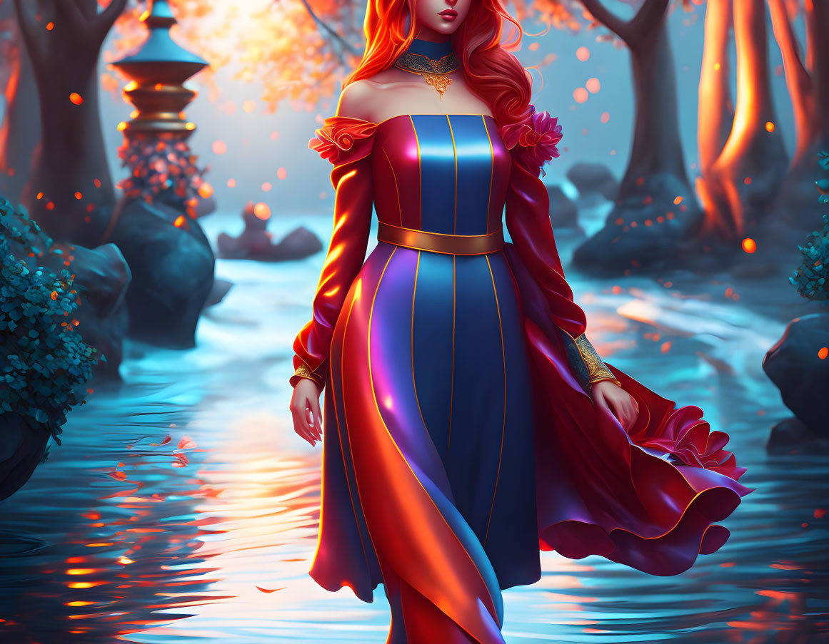 Medieval woman in red and blue dress in fantastical forest setting