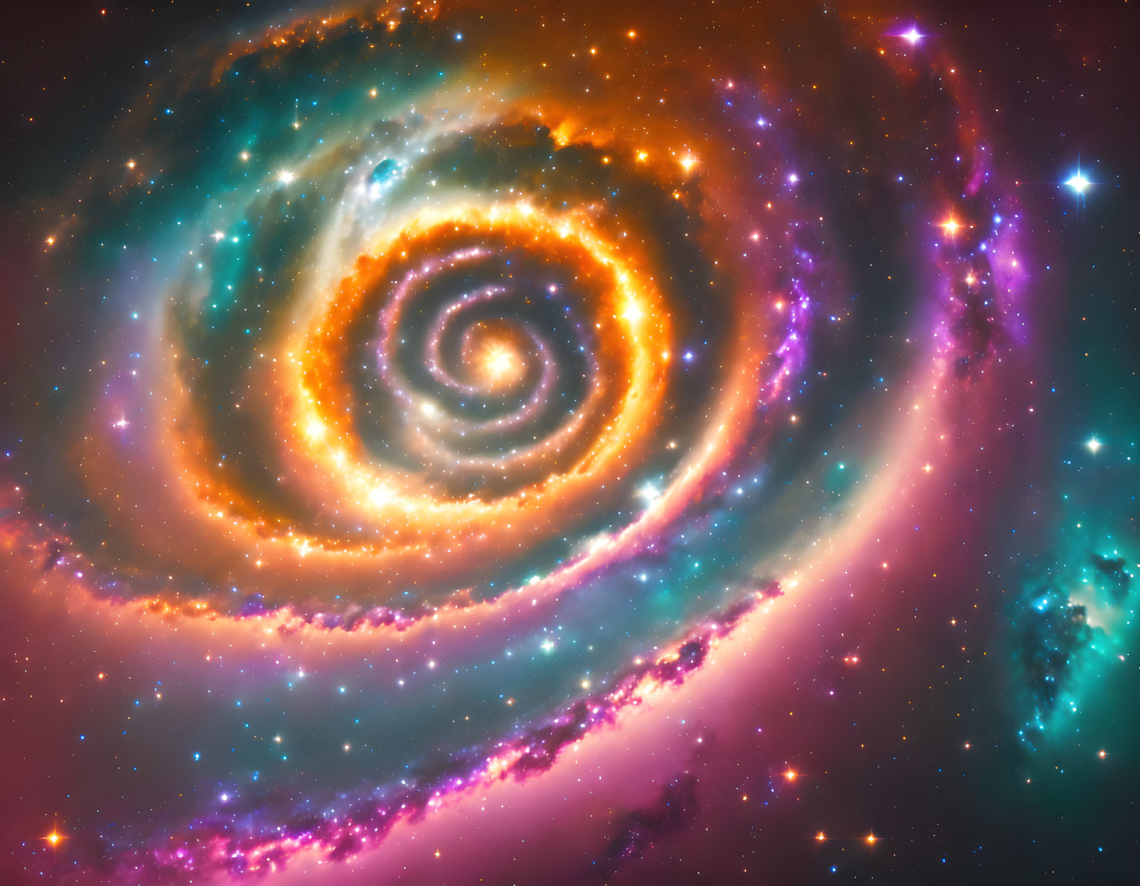 Colorful Spiral Galaxy with Swirling Arms and Nebulae in Deep Space