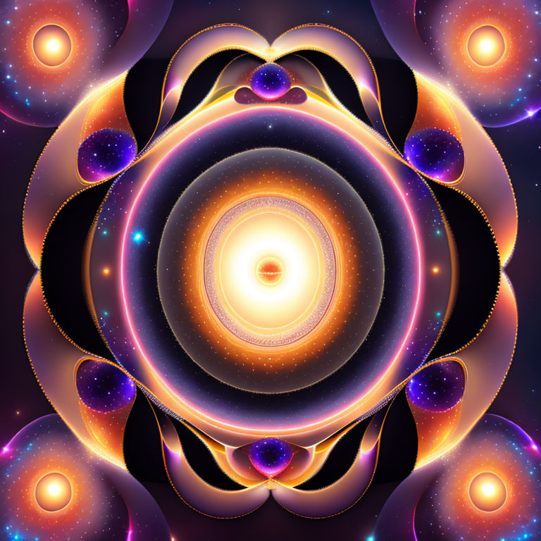 Symmetrical abstract fractal image with cosmic orbs and starry rings in purple, orange, and yellow