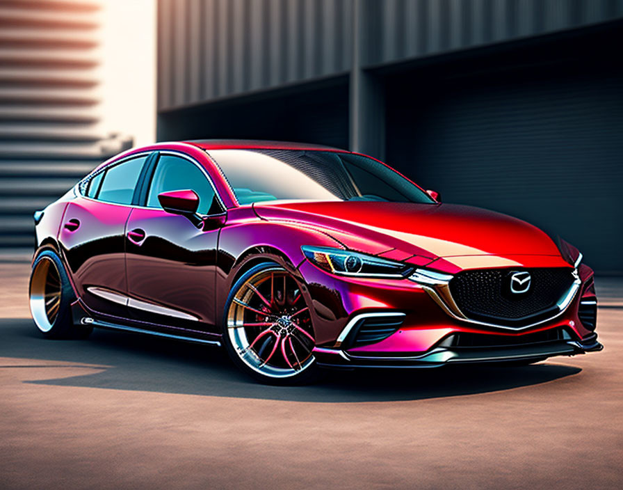 Stylized image of shiny red Mazda car with chrome rims parked in front of modern building at dusk