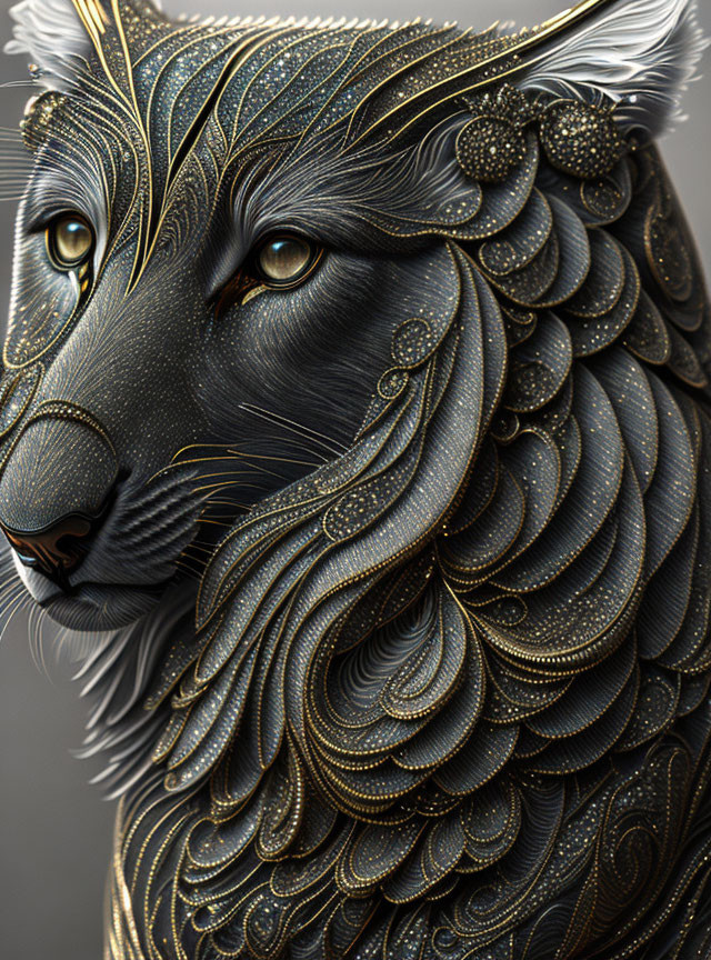 Detailed black panther illustration with gold patterns & serene expression