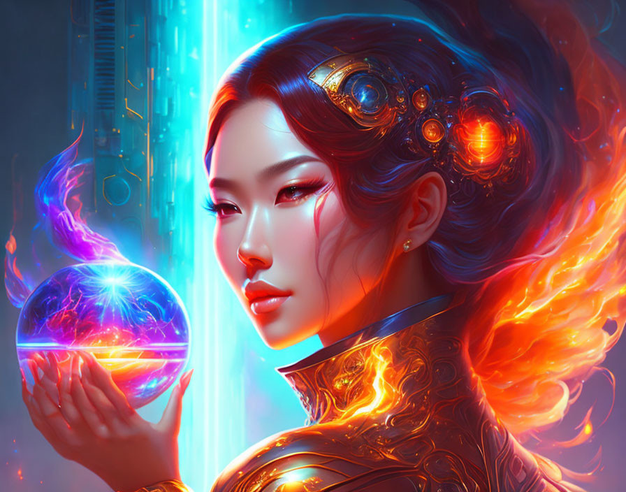 Digital artwork: Woman with fiery hair, holding glowing orb, in cybernetic attire on blue background