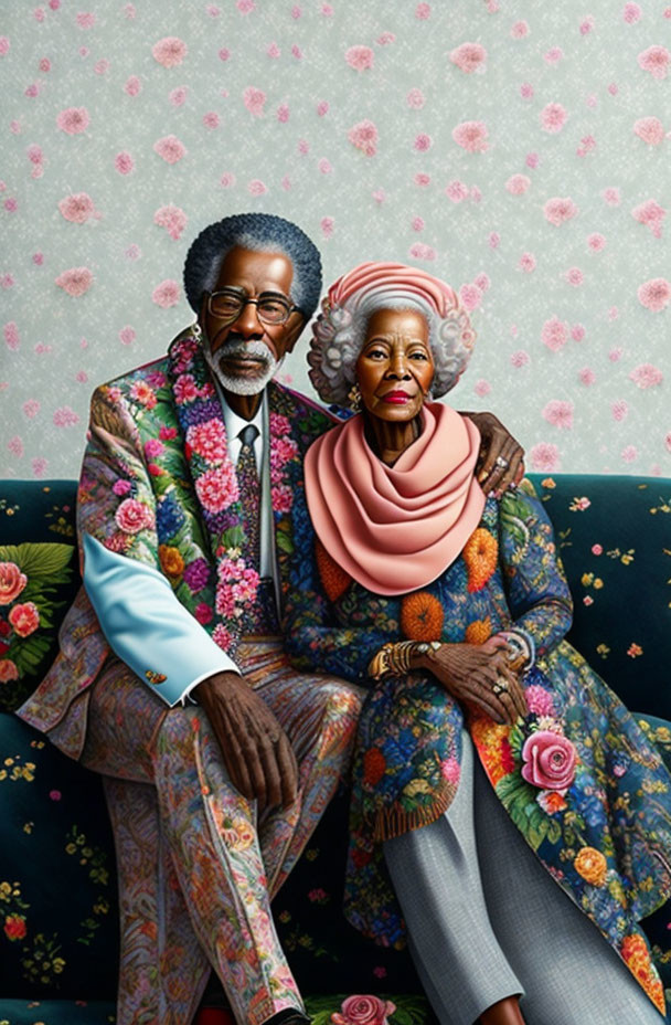 Elderly couple in floral clothing against flower wallpaper