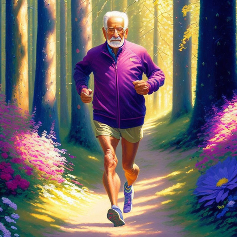 Elderly man in purple jacket jogging in sunlit forest