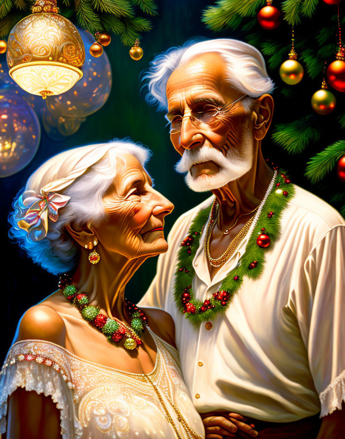 Elderly couple in festive attire with affectionate smiles