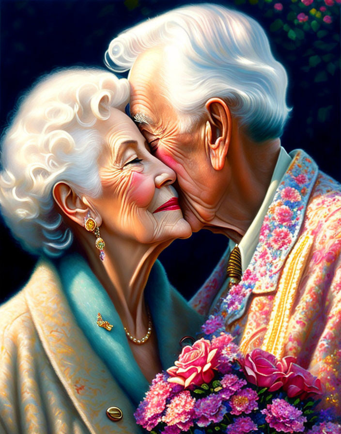 Elderly couple nose-to-nose in flower-filled setting