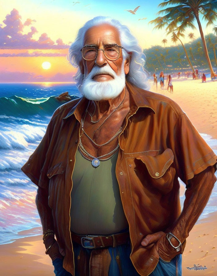 Elderly man with white beard on beach at sunset