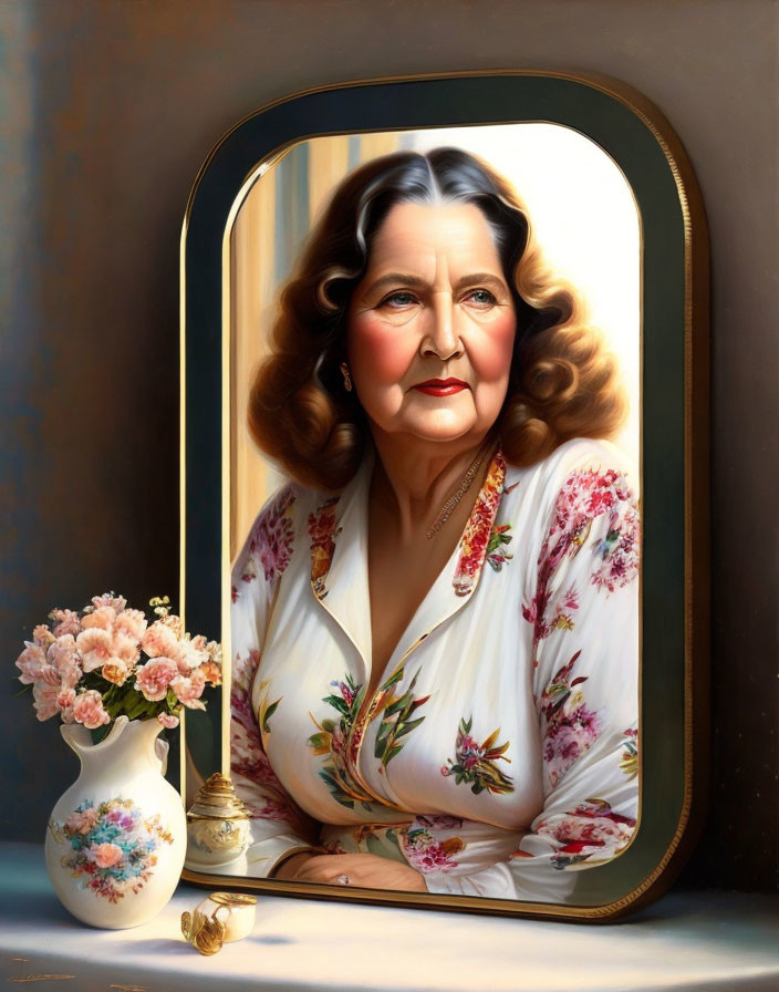 Realistic painting of elderly woman in floral dress with wavy hair