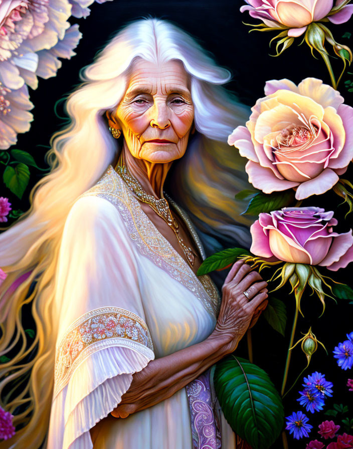 Elderly woman with white hair surrounded by delicate pink roses in ornate dress