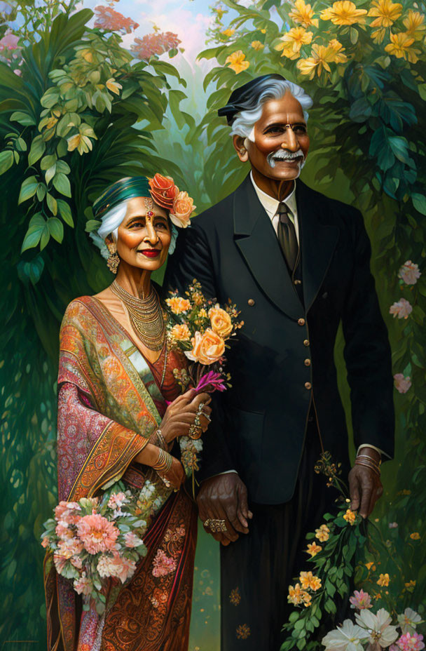 Elderly Couple in Formal Attire with Flowers Smiling in Nature